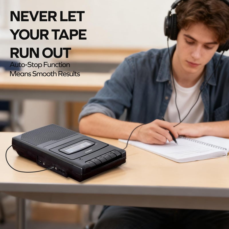 COBY Portable Cassette Player & Recorder with Standing Microphone – Retro Shoebox Tape Recorder with Built-in Speaker, Aux Input, Headphone Jack & Dual Power (Battery/AC) – Classic Black Audio Device - Image 5